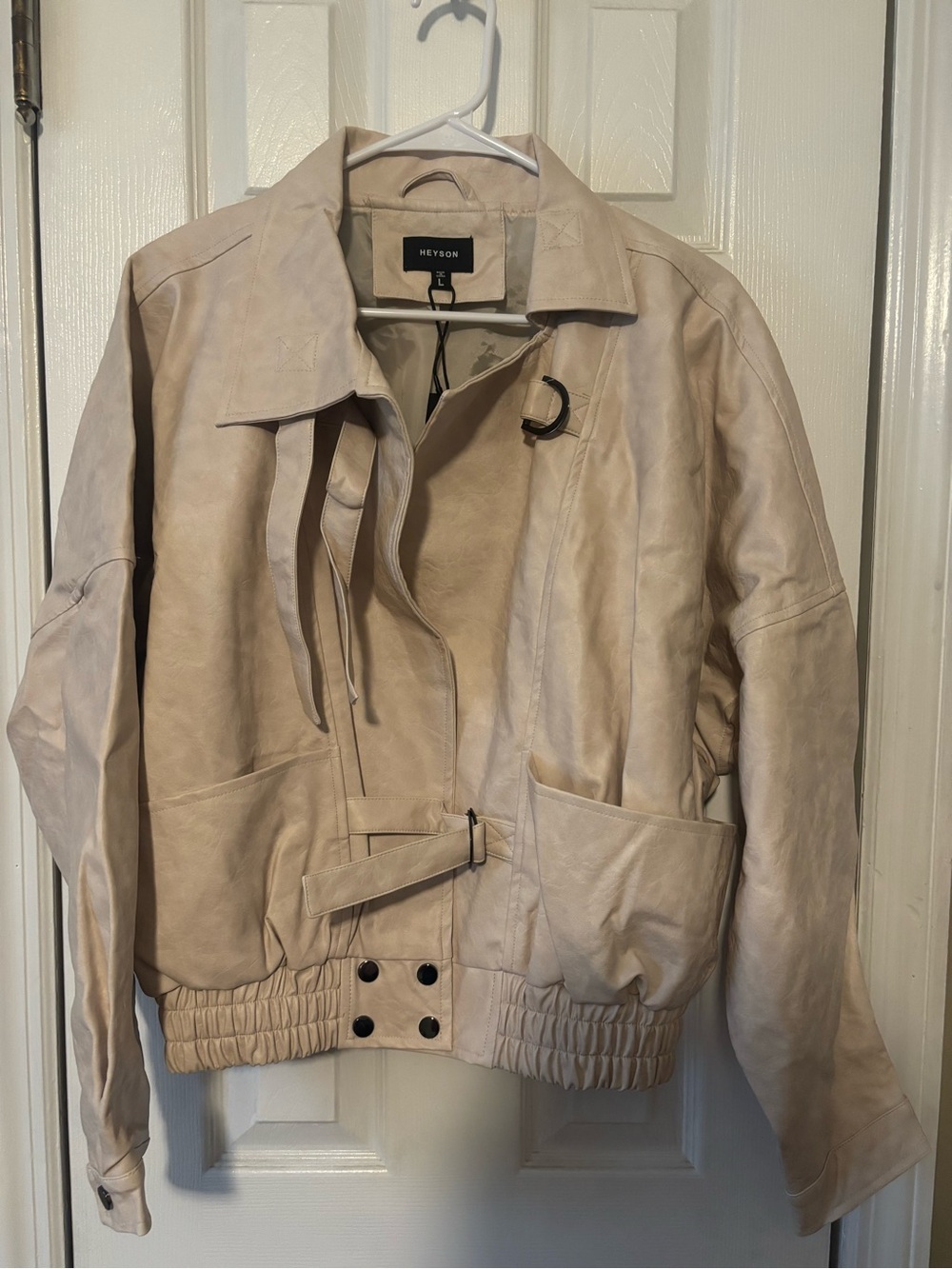 Heyson Cream Leather Bomber Jacket with Buckle Detail